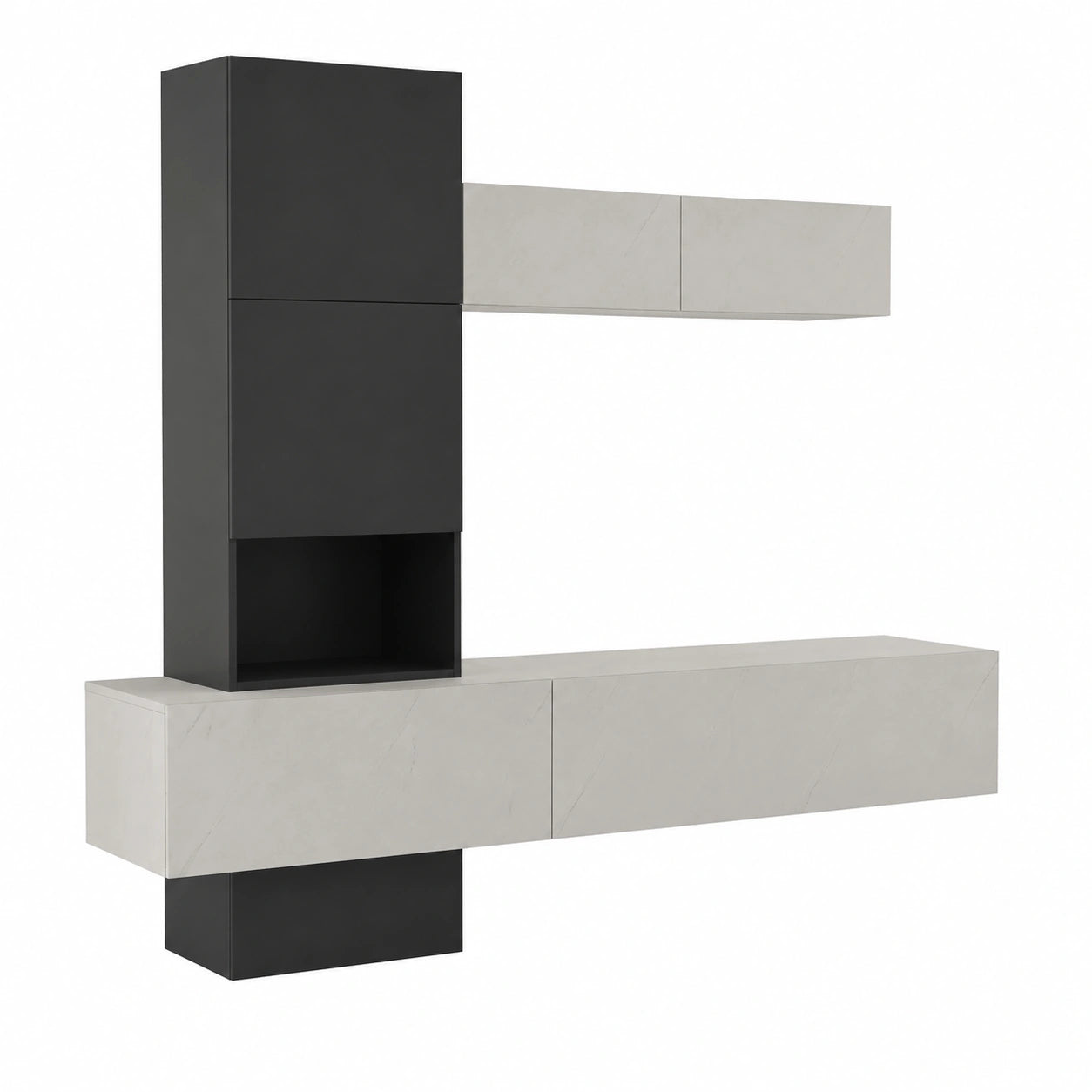 Mobile Porta TV con pensili, Salotto Moderno Completo Effetto Marmo di Carrara, cm 240 × 50xh196, Colore Bianco e Antracite