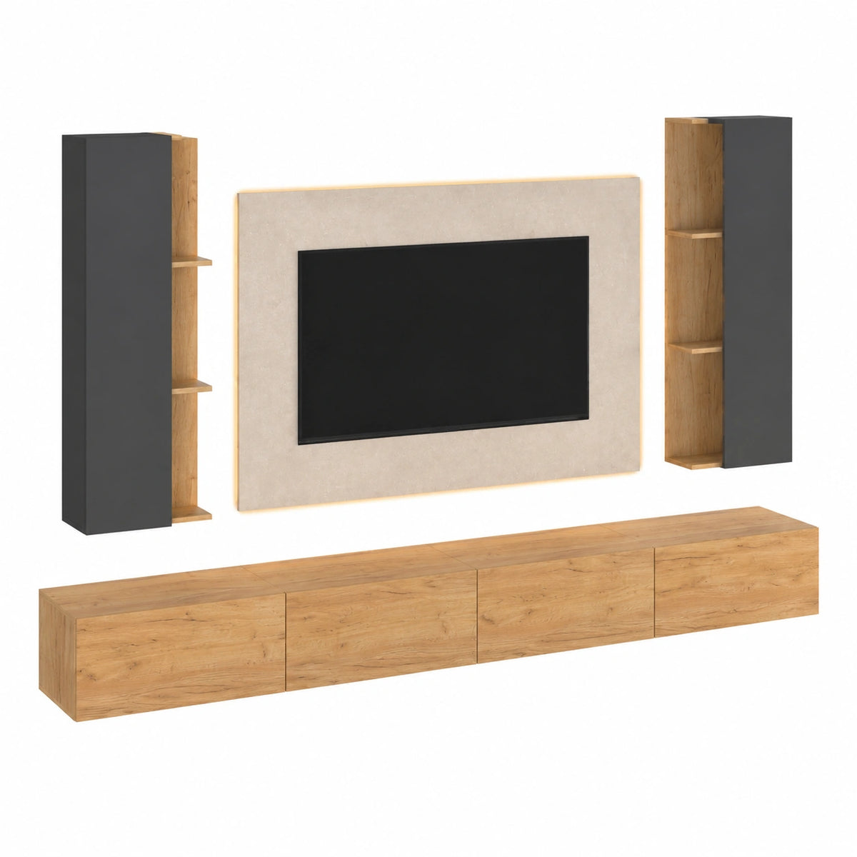 Mobile TV 40 × 130 × 17 cm, sospeso, per soggiorno, 2 x mobile TV basso 140 × 30 × 37,8 cm, rovere dorato