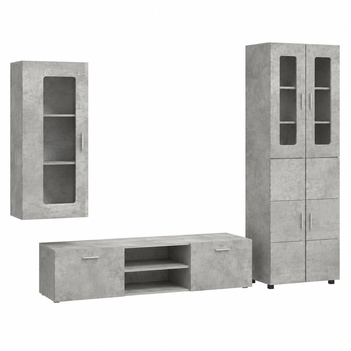 Set di mobili per TV Florin, 3 pezzi, in legno grigio cemento con ripiano, mobile alto e basso, moderno set di mobili per soggiorno con molto spazio