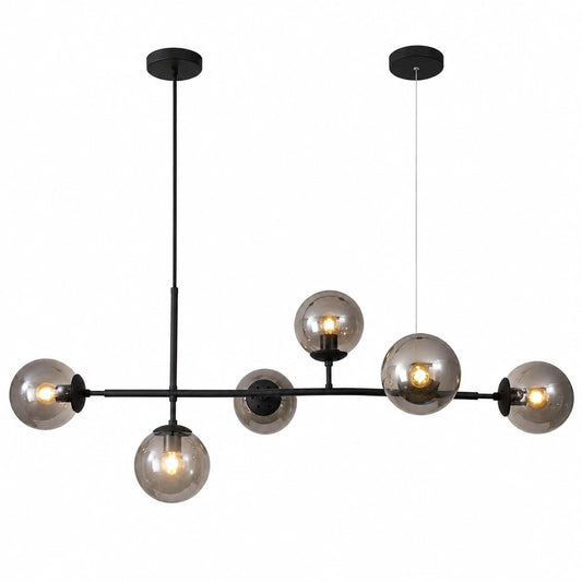 Lampadario 6 Luci Grigio Fumo Sfere di Vetro 120cm Rettangolo Sputnik Lampadario a Sospensione Nero Lampadari Moderni per Soggiorno Camera da Letto