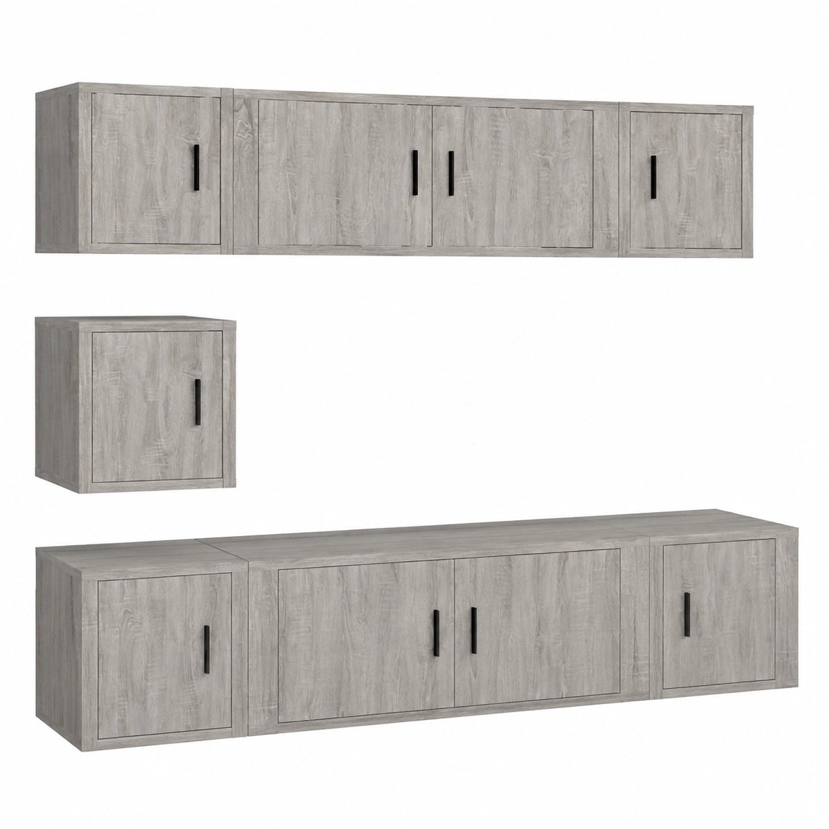 Set di 7 armadi TV grigio Sonoma in legno 100 × 34,5 × 40 cm, moderna credenza per soggiorno con montaggio a parete e spazio per TV, mobili completi