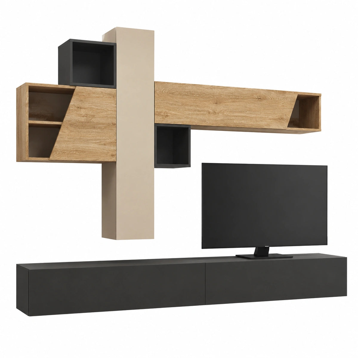 Parete Attrezzata Soggiorno Moderno 276 × 175 cm Composto da 2 Pensili 3 Cubi e Mobile Porta TV Sospeso con 2 Ante Rovere Beige e Grafite PAL81