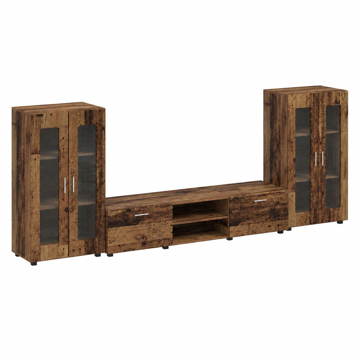 Florin - set di mobili per TV con cassetti in legno anticato, 3 pezzi, con vano portaoggetti, Lowboard, Highboard
