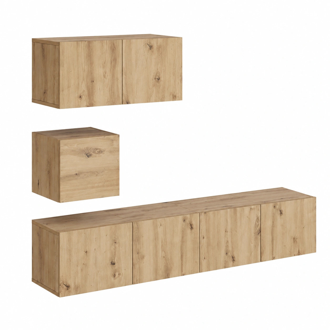 Set di mobili TV da parete 3 pezzi. Legno di quercia artigianale, scaffale da appendere, moderno centro di intrattenimento per soggiorno, camera