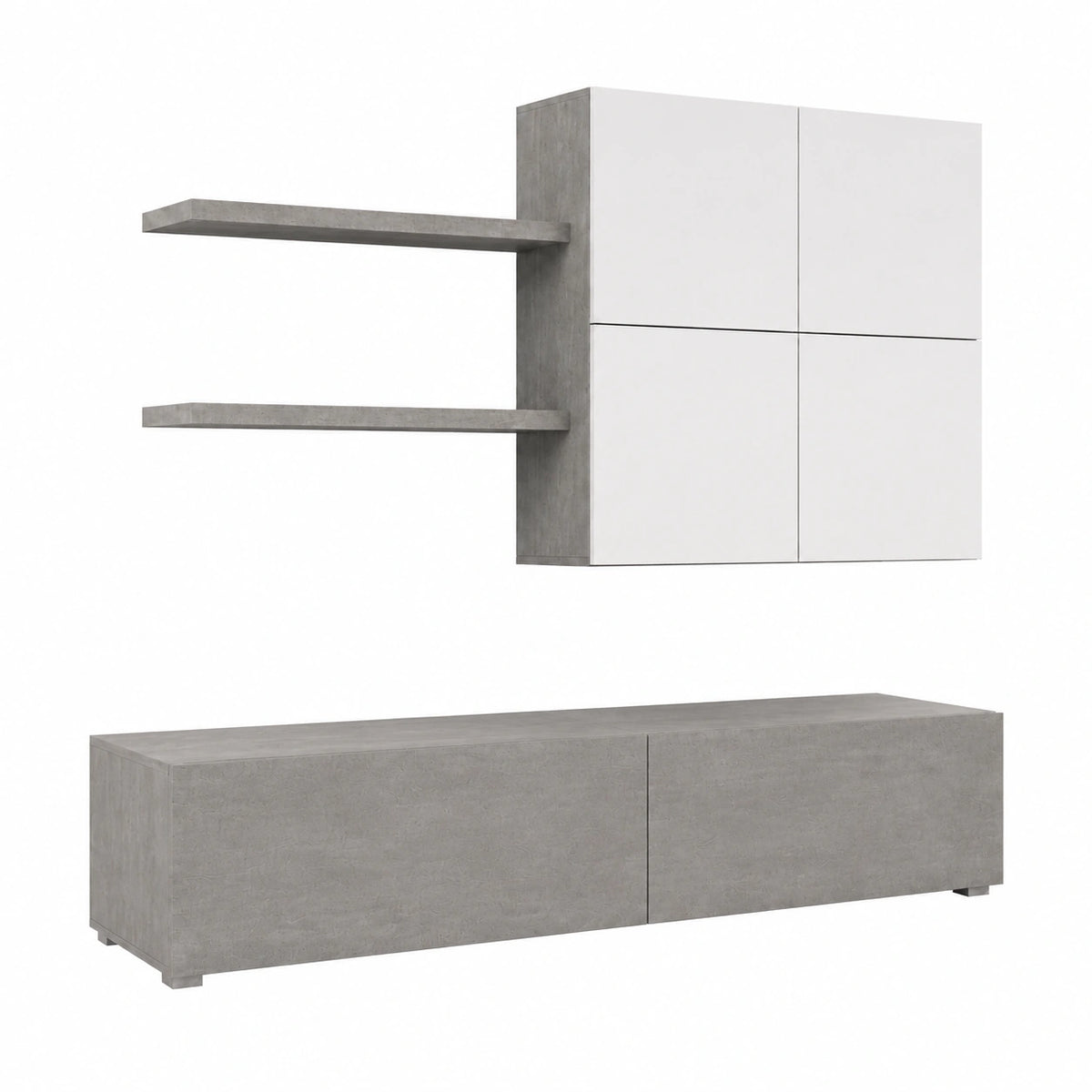 Mobile Soggiorno Moderno Con Base TV 2 Ante Pensile 4 Ante E 2 Mensole Contemporaneo In Melaminico Facile Da Pulire 200 × 194 × 40 cm Bianco E Grigio