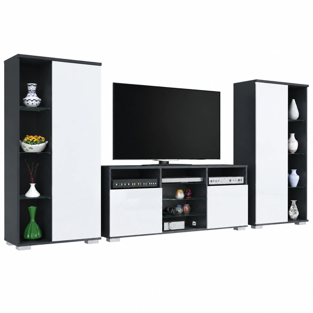 Mobile Parete Davos per Soggiorno, Composto da 2 vetrine e 1 Mobile TV, Antracite Opaco, Bianco Lucido (329 × 134 × 35 cm)